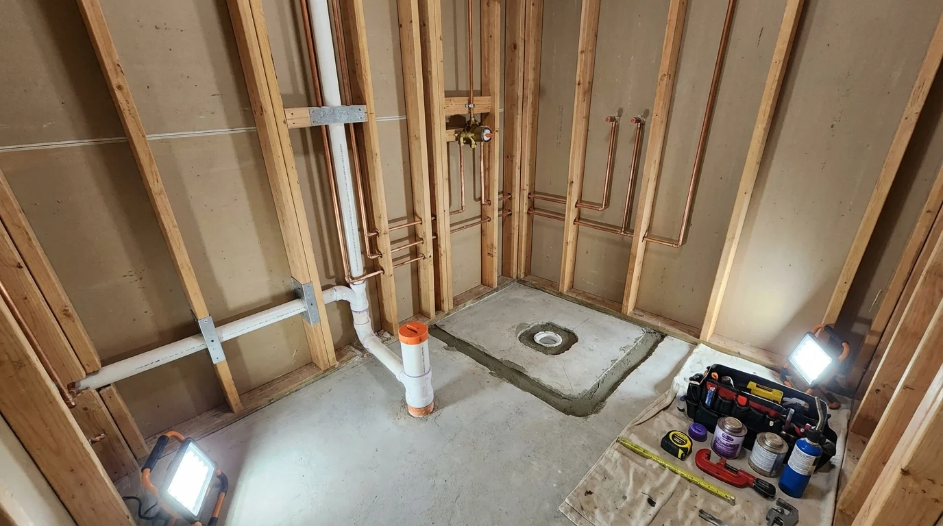 Bathroom rough-in plumbing during remodel by Johns Plumbing LLC in Bayville