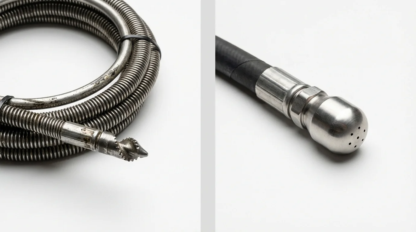 Drain snake cable and hydro jetting nozzle used for drain cleaning in Bayville, NY