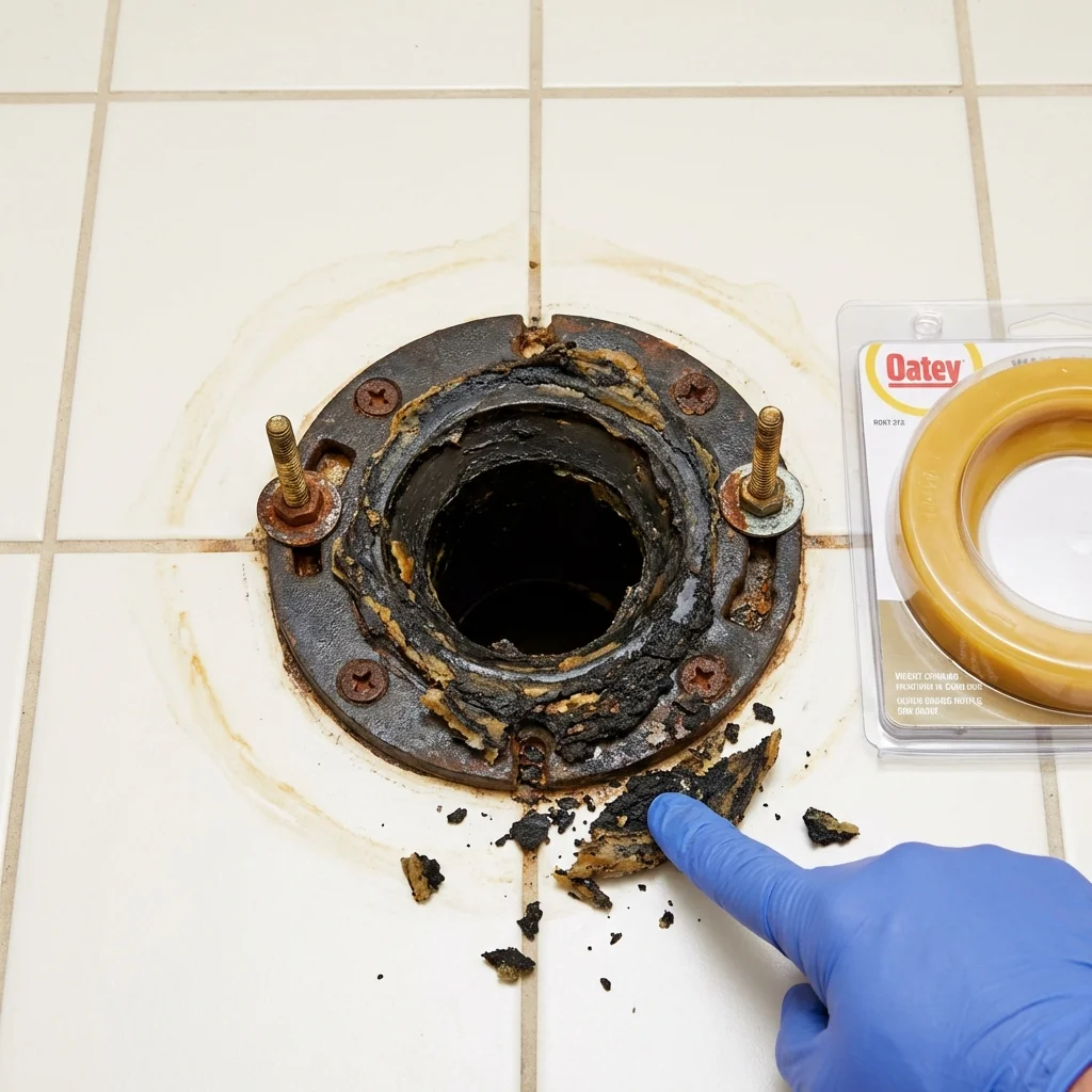 Failed wax ring showing water seepage at the base of a toilet in a Bayville, NY home