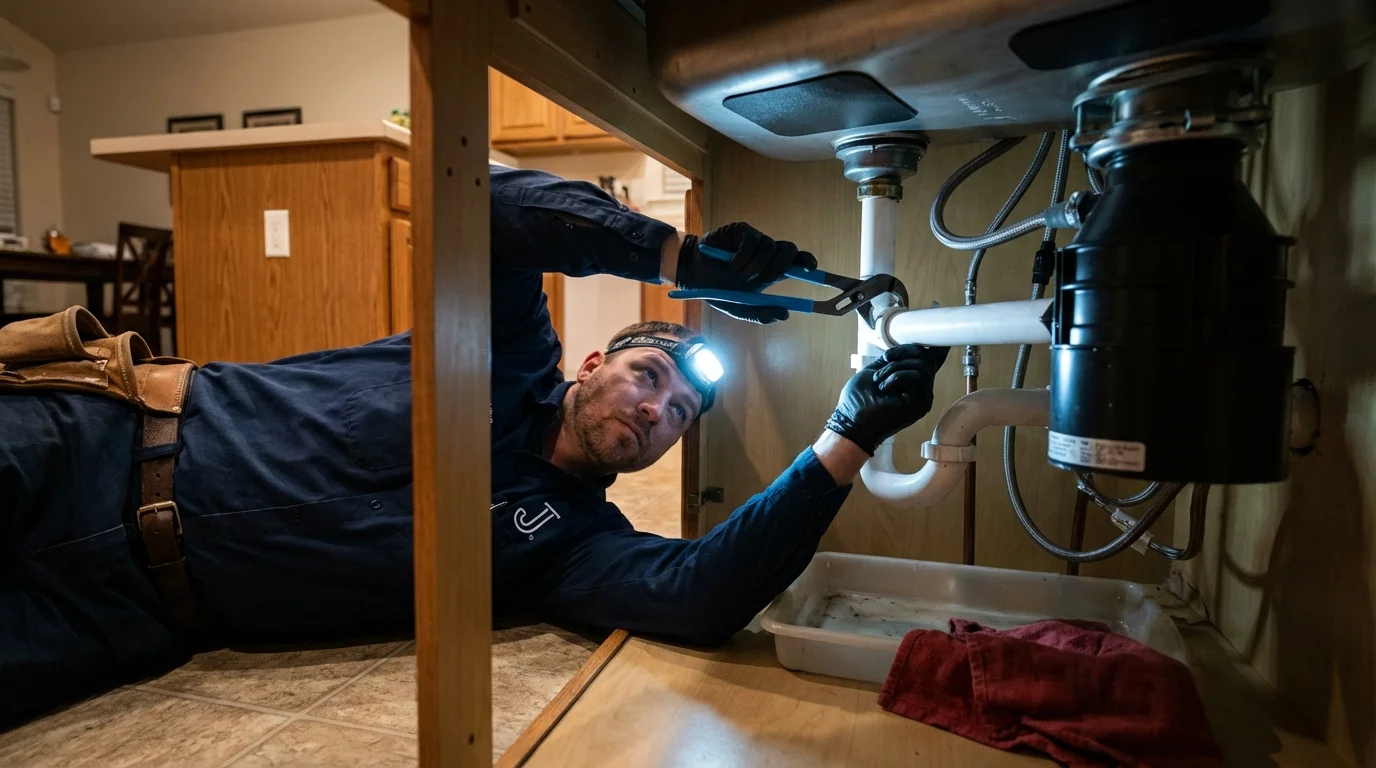 P-trap and supply line connections under a kitchen sink showing a common leak point in Bayville, NY